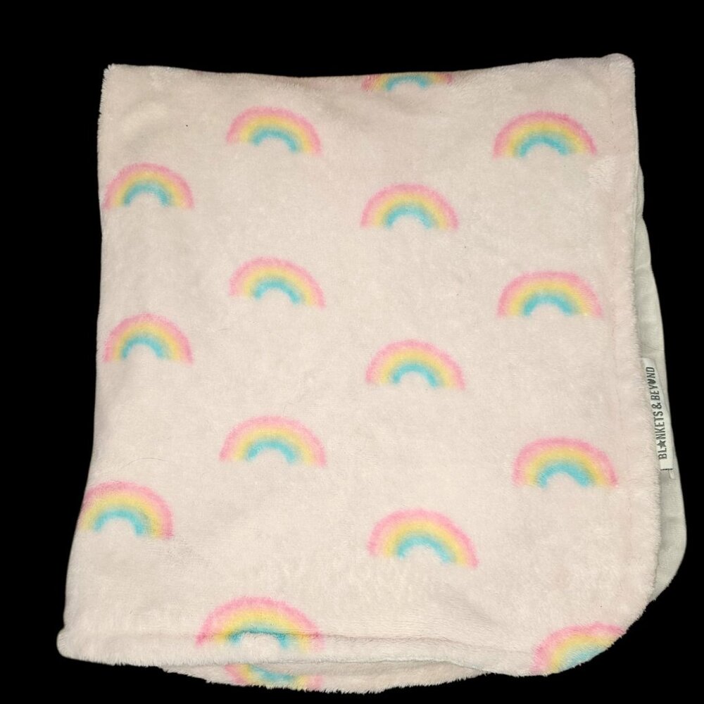 Blankets and Beyond Baby Girl Rainbow Blanket Pink Plush White Backing 27 X 30